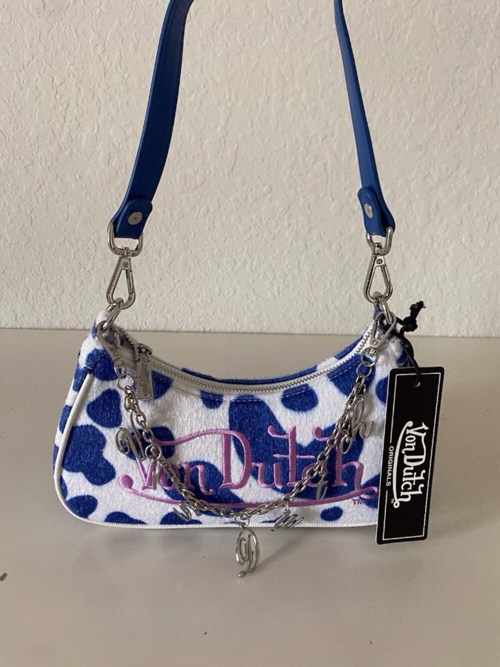 Von Dutch Vegan Pony Hair Blue Cow Print Shoulder Bag W/Charms NEW